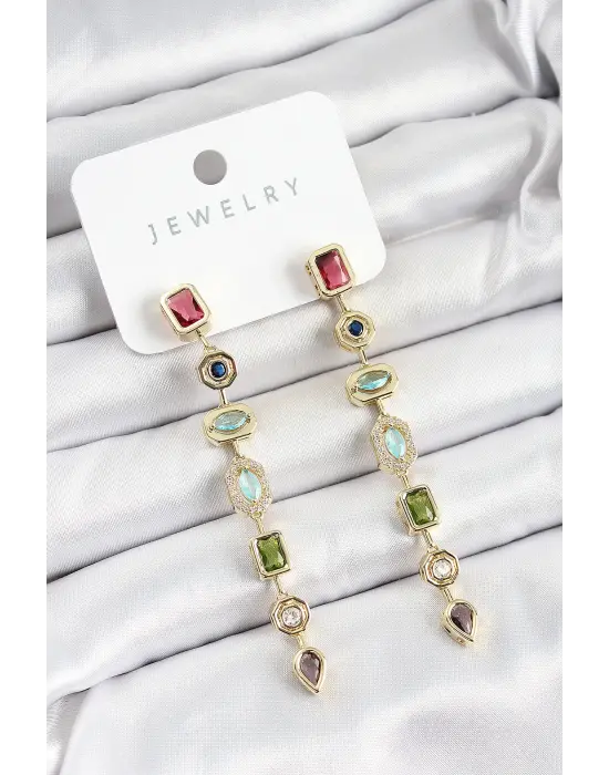 Pirinç Renkli Zirkon Taşlı Sallantılı Model Gold Renk Kadın Küpe