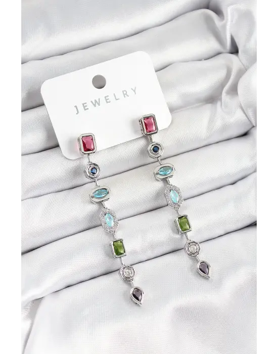 Pirinç Renkli Zirkon Taşlı Sallantılı Model Gümüş Renk Kadın Küpe