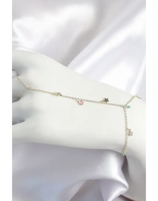 Pirinç Renkli Zirkon Taşlı Sallantılı Yıldızlı Model Gold Renk Kadın Şahmeran