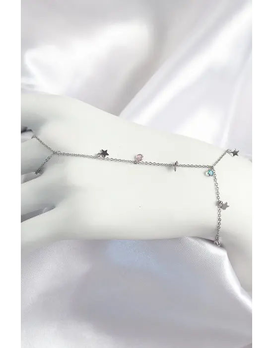 Pirinç Renkli Zirkon Taşlı Sallantılı Yıldızlı Model Gümüş Renk Kadın Şahmeran