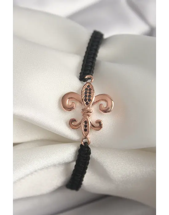 Rose Zirkon Taş İşlemeli Zambak Figürlü Asansörlü Makrome Model Kadın Çelik Bileklik