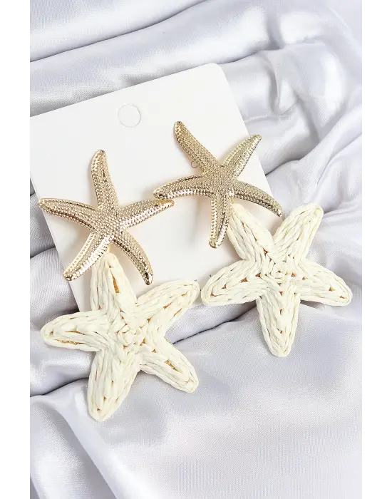 Pirinç Sallantılı Krem Deniz Yıldızı Model Gold Renk Hasır Küpe