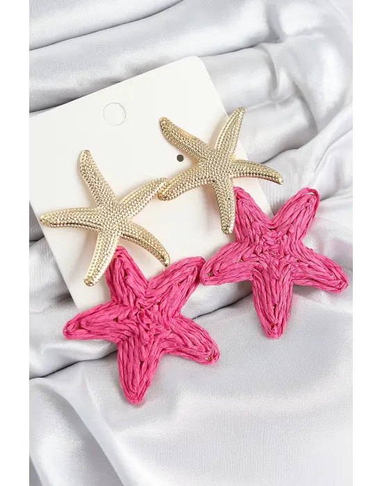 Pirinç Sallantılı Pembe Deniz Yıldızı Model Gold Renk Hasır Küpe