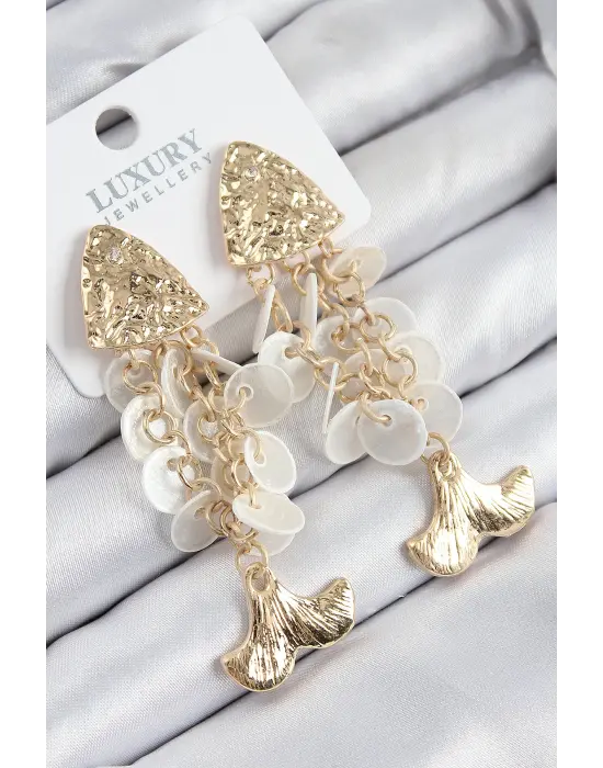 Pirinç Sallantılı Sedefli Balık Model Gold Renk Kadın Küpe