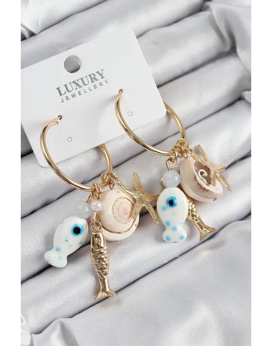 Pirinç Sallantılı Seramik Balık Ve Deniz Kabuğu Model Gold Renk Kadın Küpe