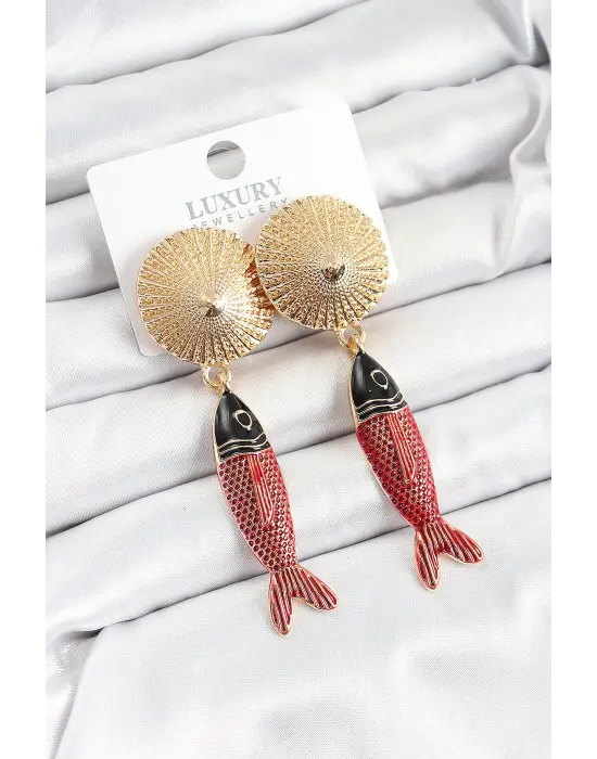 Pirinç Sallantılı Zirkon Taşlı Kırmızı Siyah Balık Model Gold Renk Kadın Küpe