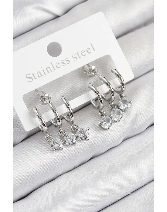 Pirinç Sallantılı Zirkon Taşlı Model Gümüş Renk Kadın Küpe