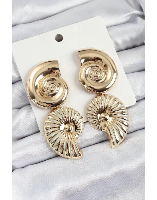 Pirinç Sarmal Sallantılı Deniz Kabuğu Vintage Model Gold Renk Küpe