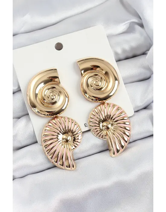 Pirinç Sarmal Sallantılı Deniz Kabuğu Vintage Model Gold Renk Küpe