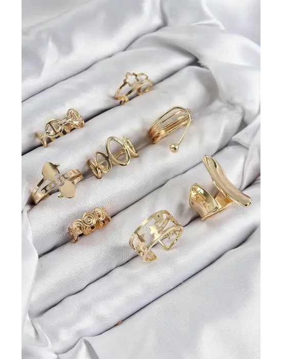 Pirinç Sarmal Ve Yıldız Model Gold Renk Kadın Yüzük Kombin Set