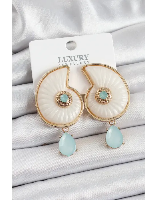 Pirinç Sedef Deniz Kabuğu Figürlü Zirkon Taşlı Gold Renk Kadın Küpe