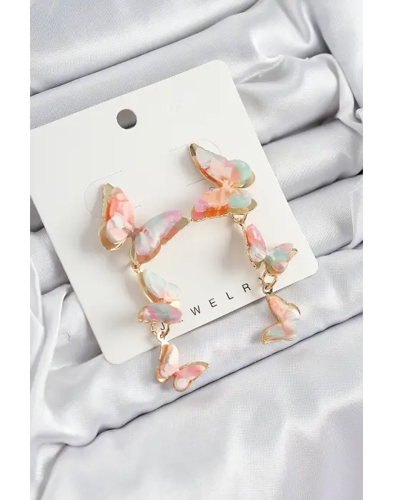 Pirinç Sedef Sallantılı Mermer Desenli Kelebek Model Gold Renk Vintage Kadın Küpe