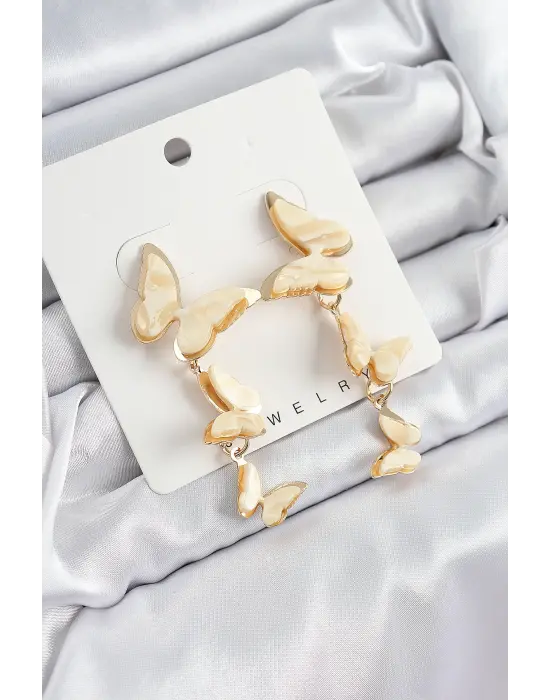 Pirinç Sedef Sallantılı Mermer Desenli Kelebek Model Gold Renk Vintage Kadın Küpe