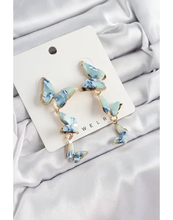 Pirinç Sedef Sallantılı Mermer Desenli Kelebek Model Gold Renk Vintage Kadın Küpe