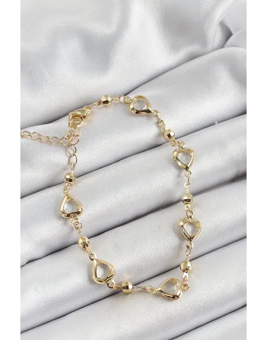 Pirinç Şeffaf Kalp Model Gold Renk Zirkon Taşlı Kadın Bileklik