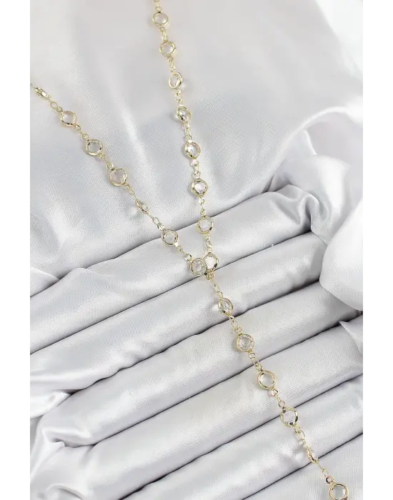 Pirinç Şeffaf Model Gold Renk Zirkon Taşlı Y Kolye