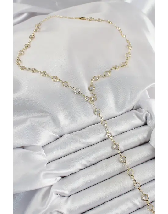 Pirinç Şeffaf Model Gold Renk Zirkon Taşlı Y Kolye