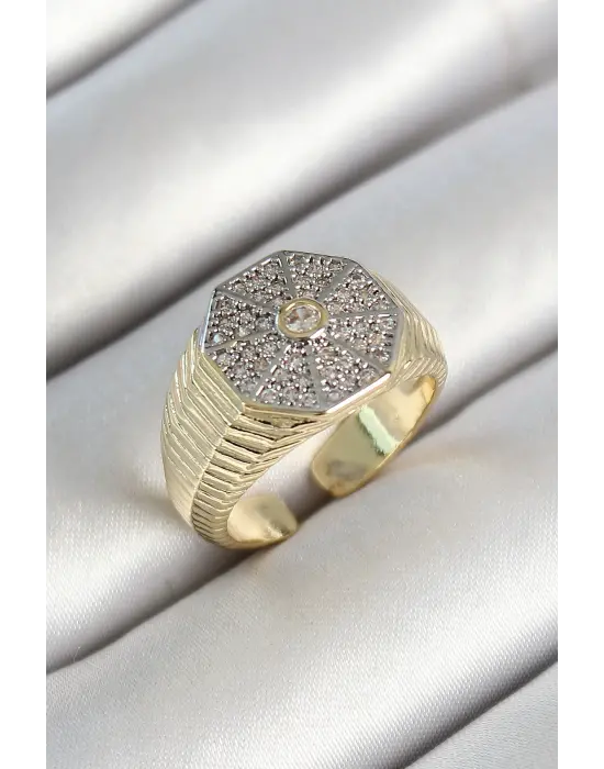 Pirinç Sekizgen Figür Zirkon Taşlı Gold Renk Ayarlanabilir Kadın Yüzük