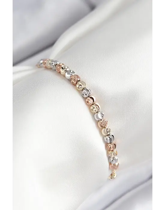 Pirinç Sıralı Boncuk Model Gold Gümüş Roz Renk Asansörlü Kadın Bileklik