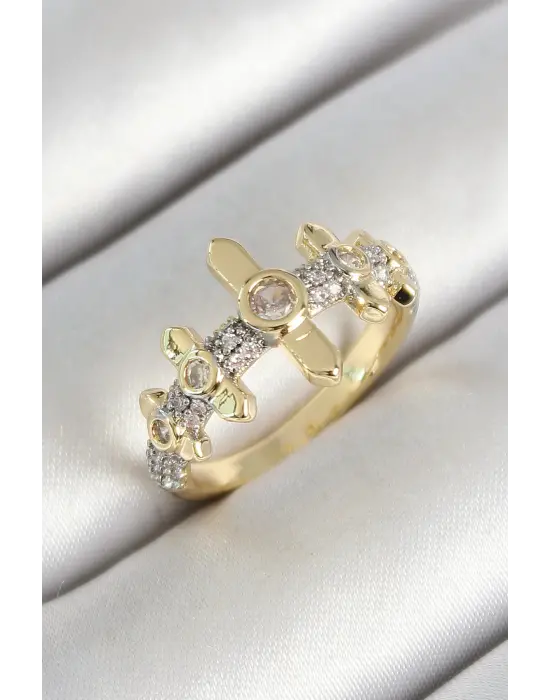 Pirinç Sıralı Çit Figürlü Zirkon Taşlı Gold Renk Ayarlanabilir Kadın Yüzük