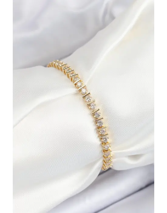 Pirinç Sıralı Çit Model Zirkon Taşlı Gold Renk VİP Seri Kadın Bileklik