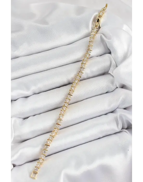 Pirinç Sıralı Çit Model Zirkon Taşlı Gold Renk VİP Seri Kadın Bileklik