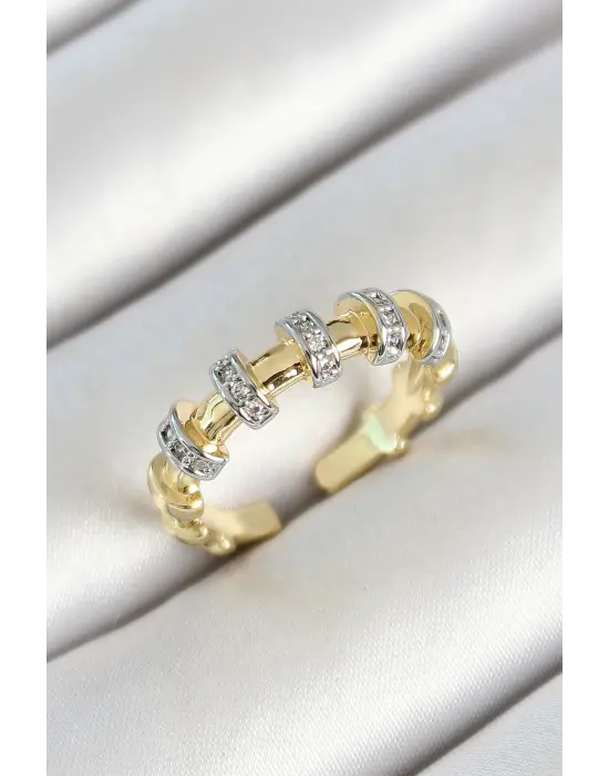 Pirinç Sıralı Daire Figürlü Zirkon Taşlı Gold Renk Ayarlanabilir Kadın Yüzük