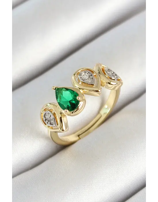 Pirinç Sıralı Damla Figürlü Zirkon Taşlı Gold Renk Ayarlanabilir Kadın Yüzük