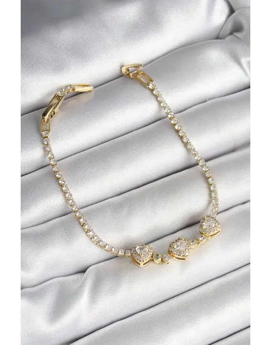 Pirinç Sıralı Kalp Figürlü Zirkon Taşlı Gold Renk Kadın Bileklik