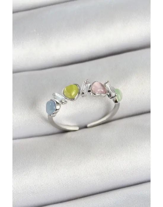 Pirinç Sıralı Kalp Figürlü Zirkon Taşlı Gümüş Renk Ayarlanabilir Kadın Yüzük