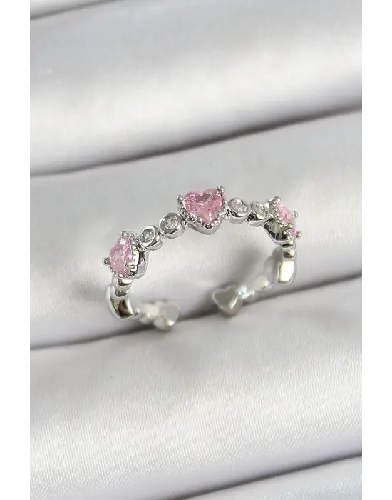 Pirinç Sıralı Kalp Figürlü Zirkon Taşlı Gümüş Renk Ayarlanabilir Kadın Yüzük