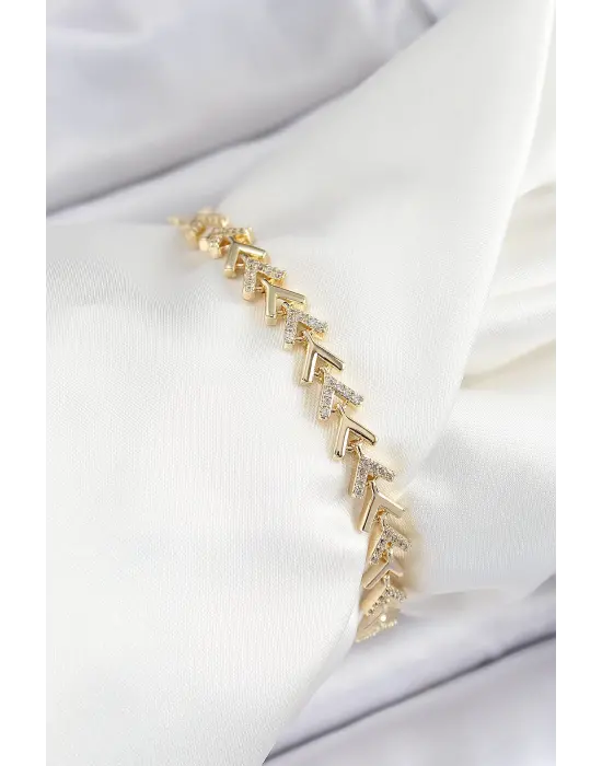 Pirinç Sıralı Ok Model Zirkon Taşlı Gold Renk VİP Seri Kadın Bileklik