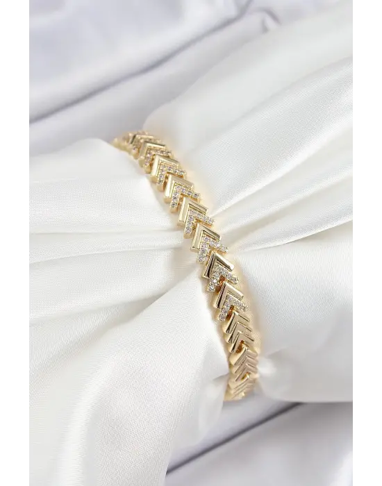 Pirinç Sıralı Ok Model Zirkon Taşlı Gold Renk VİP Seri Kadın Bileklik