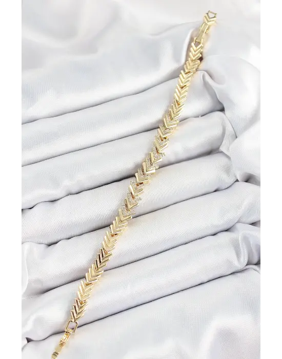 Pirinç Sıralı Ok Model Zirkon Taşlı Gold Renk VİP Seri Kadın Bileklik