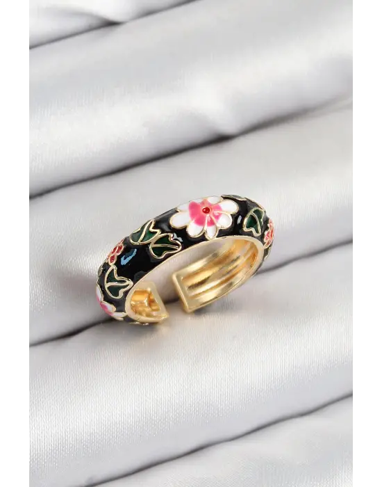 Pirinç Siyah Mineli Çiçek Motifli Gold Renk Ayarlanabilir Kadın Yüzük