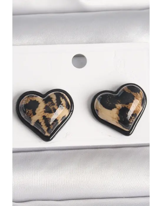 Pirinç Siyah Renk Leopar Desen 3D Kalp Model Kadın Küpe
