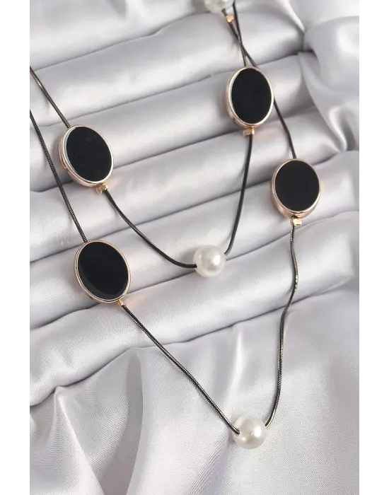 Pirinç Siyah  Zincir İnci Detaylı Çoklu  Çelik Kolye
