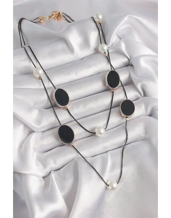 Pirinç Siyah  Zincir İnci Detaylı Çoklu  Çelik Kolye