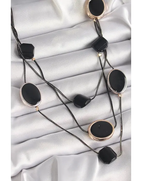 Pirinç Siyah  Zincir Kristal Taşlı  Çelik Kolye