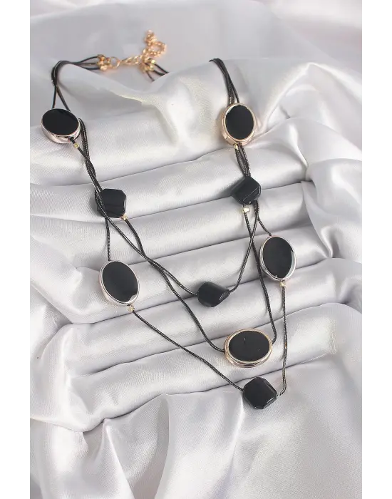 Pirinç Siyah  Zincir Kristal Taşlı  Çelik Kolye