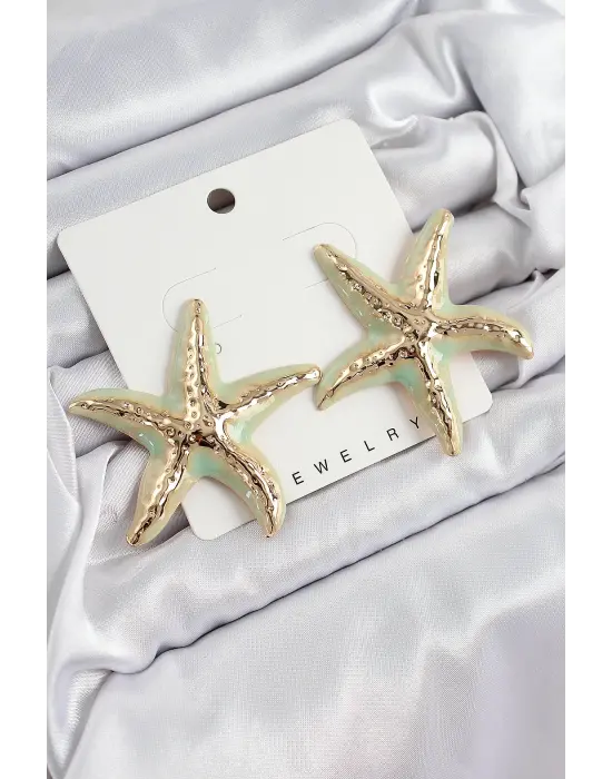 Pirinç Su Yeşili Deniz Yıldızı Model Vintage Kadın Küpe