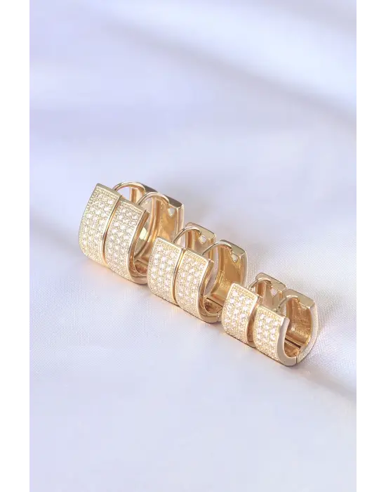  Taşlı Altın Oval Çoklu Küpe