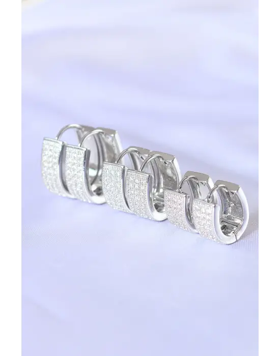  Taşlı Gümüş Oval Çoklu Küpe