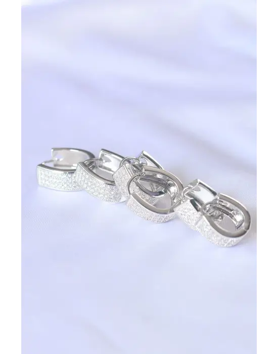  Taşlı Gümüş Oval Çoklu Küpe