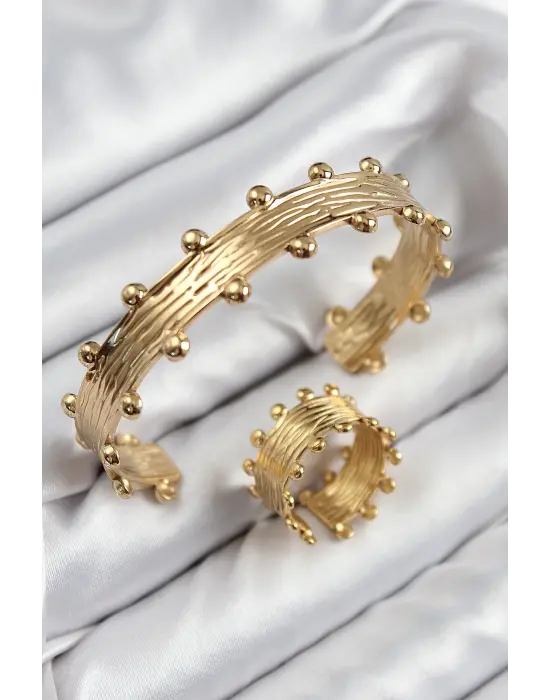 Pirinç Topcuk Model Gold Renk Bileklik Yüzük Set