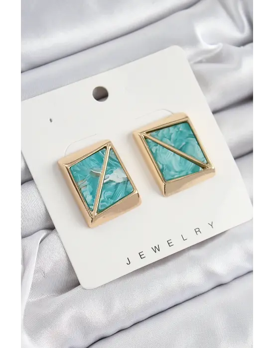 Pirinç Turkuaz Üçgen Kesim Detaylı Kare Model Vintage Gold Renk Kadın Küpe