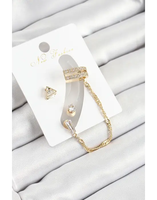 Pirinç Üçgen Figürlü Zirkon Taşlı Gold Renk 3lü Kıkırdak Kadın Küpe Set