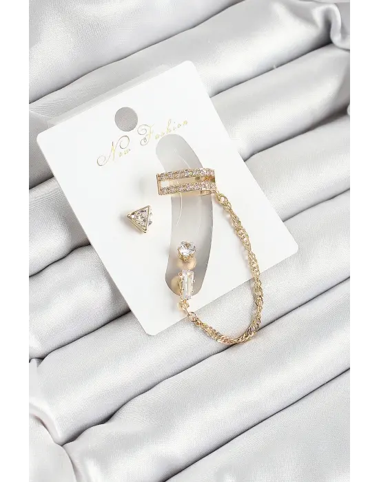 Pirinç Üçgen Figürlü Zirkon Taşlı Gold Renk 3lü Kıkırdak Kadın Küpe Set