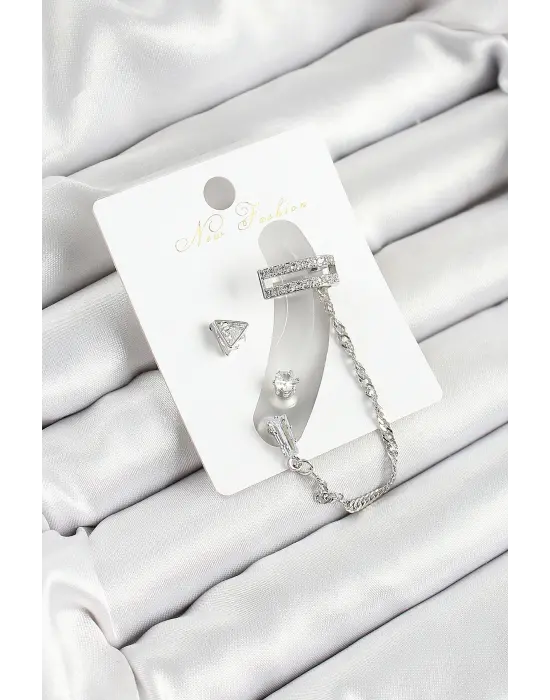 Pirinç Üçgen Figürlü Zirkon Taşlı Gümüş Renk 3lü Kıkırdak Kadın Küpe Set