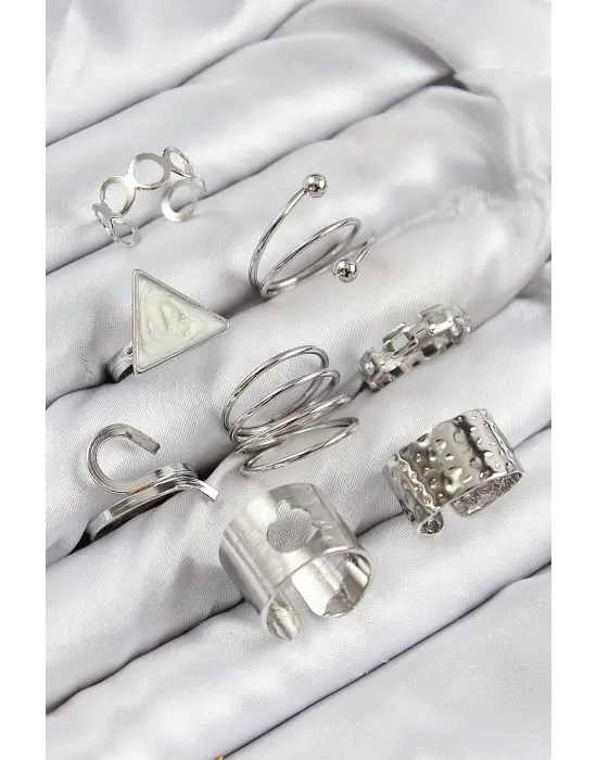 Pirinç Üçgen Model Gümüş Renk Kadın Yüzük Kombin Set